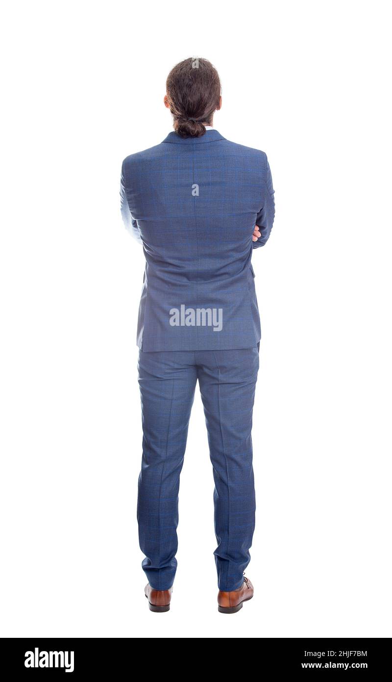 Rear view businessman in suit keeps arms crossed. Full length person isolated on white background. Backside business male body Stock Photo
