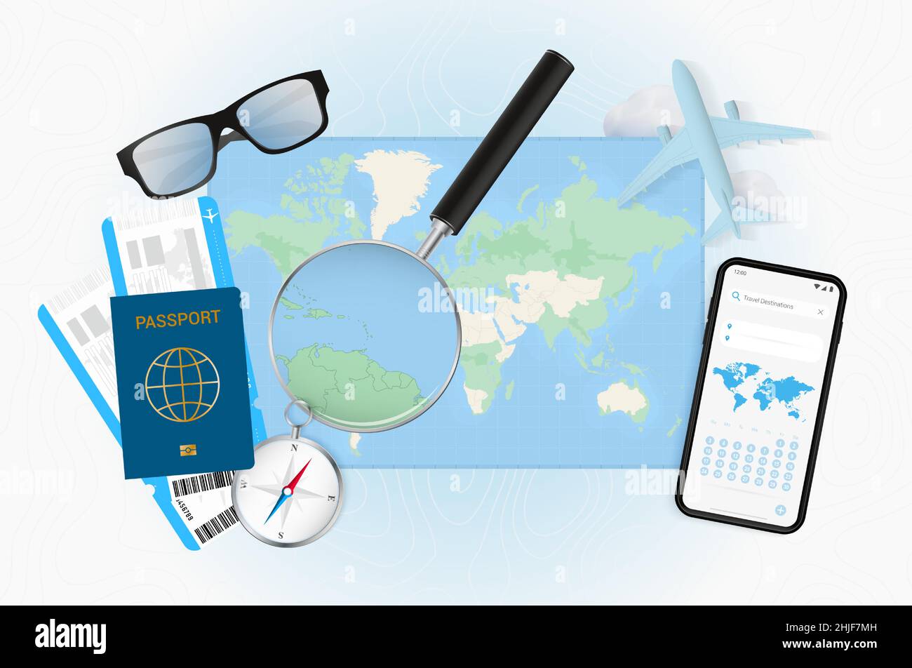 Conceptual illustration of a trip to Grenada with travel gear. World map with compass, passport, tickets, cell phone, plane and glass. Stock Vector