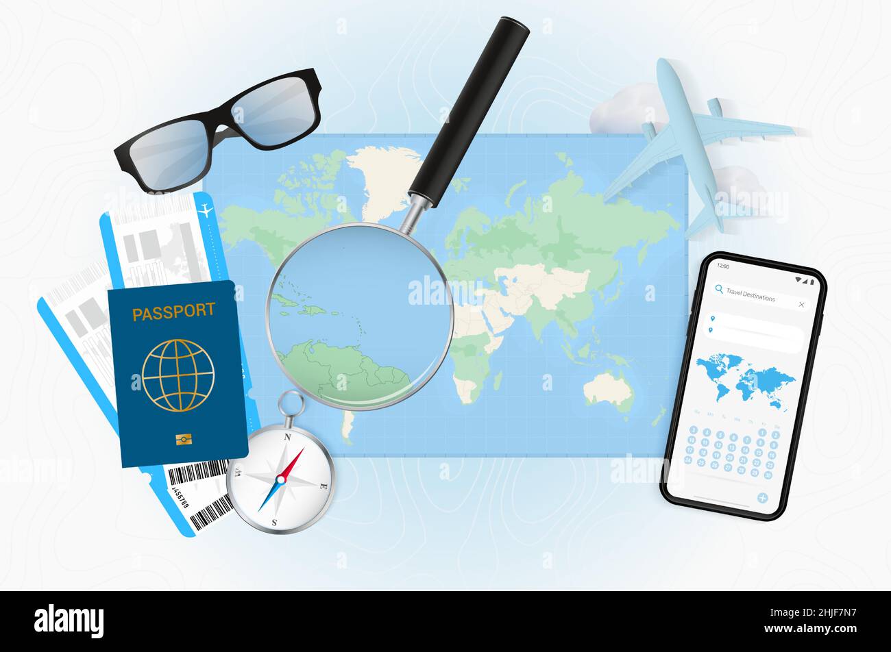 Conceptual illustration of a trip to Dominica with travel gear. World map with compass, passport, tickets, cell phone, plane and glass. Stock Vector