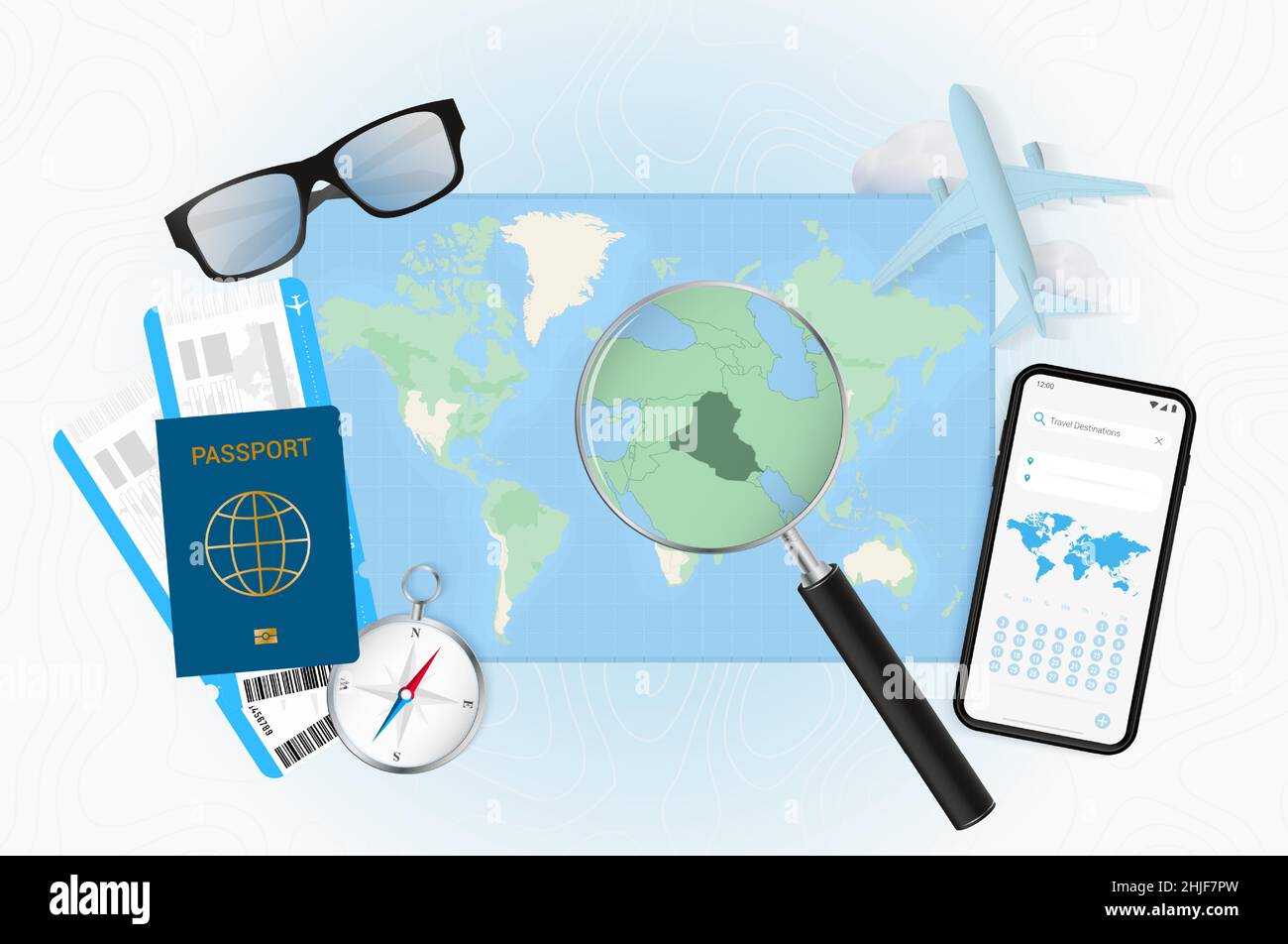 Conceptual illustration of a trip to Iraq with travel gear. World map with compass, passport, tickets, cell phone, plane and glass. Stock Vector