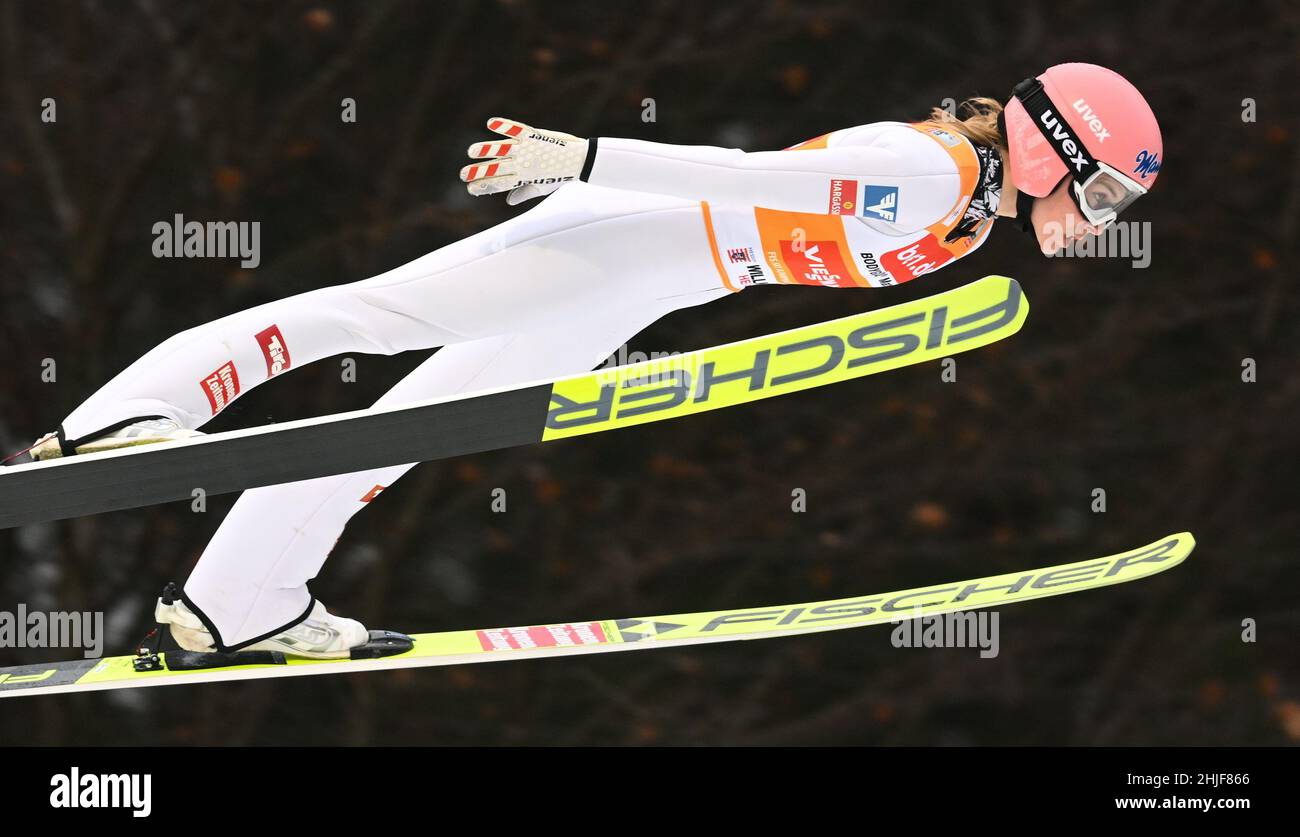Willingen, Germany. 29th Jan, 2022. Nordic skiing, ski jumping: World Cup, large hill, women. Marita Kramer from Austria jumps from Mühlenkopfschanze in the first competition round. Credit: Arne Dedert/dpa/Alamy Live News Stock Photo