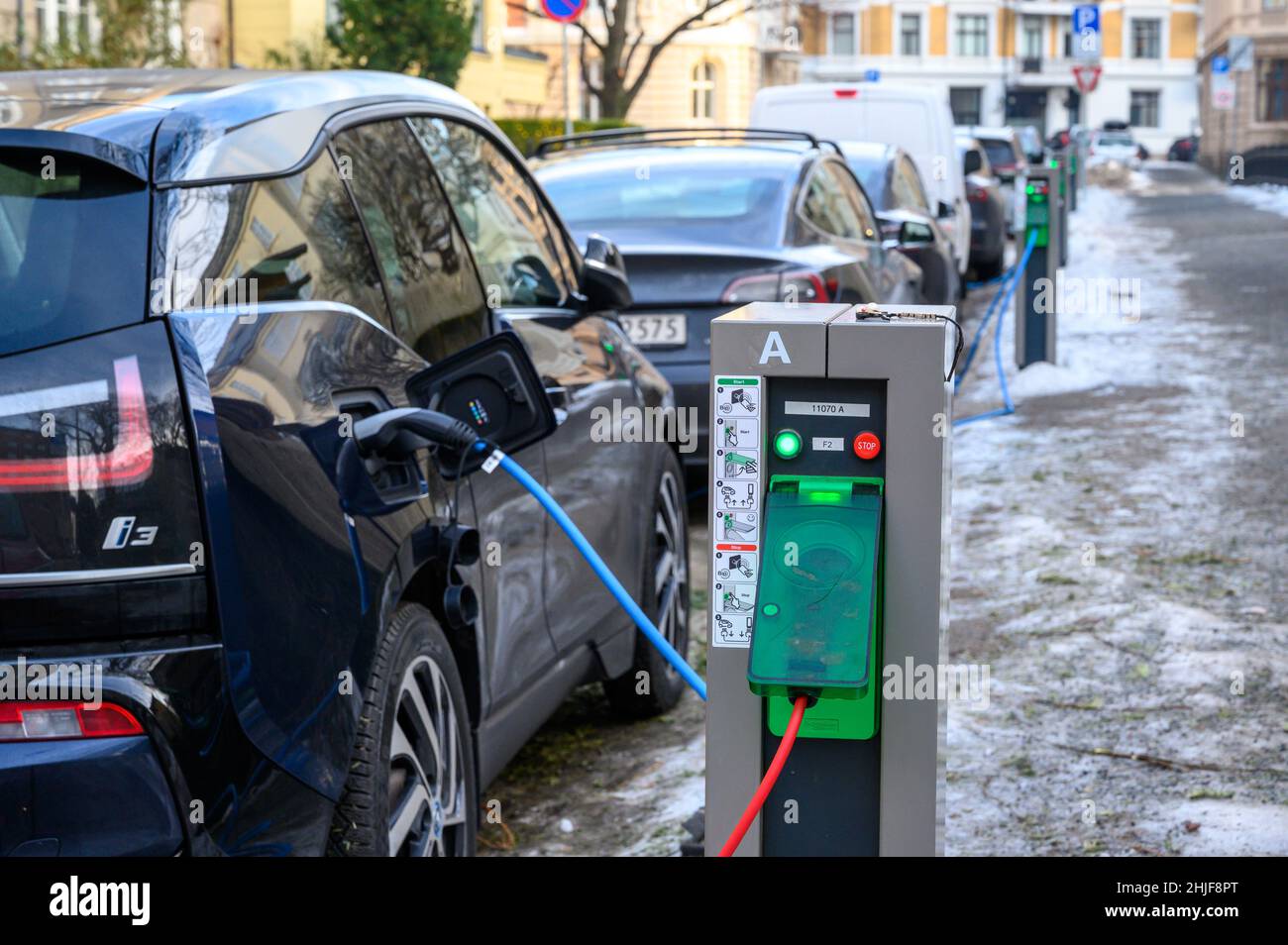 Public charging points for electric vehicles on a residential street in