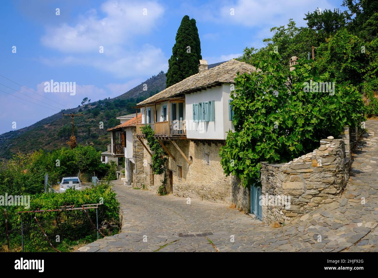 Megalo Kazaviti, Thassos, Greece - The mountain village of Kazaviti with its traditional houses is a popular destination among vacationers. Thassos be Stock Photo