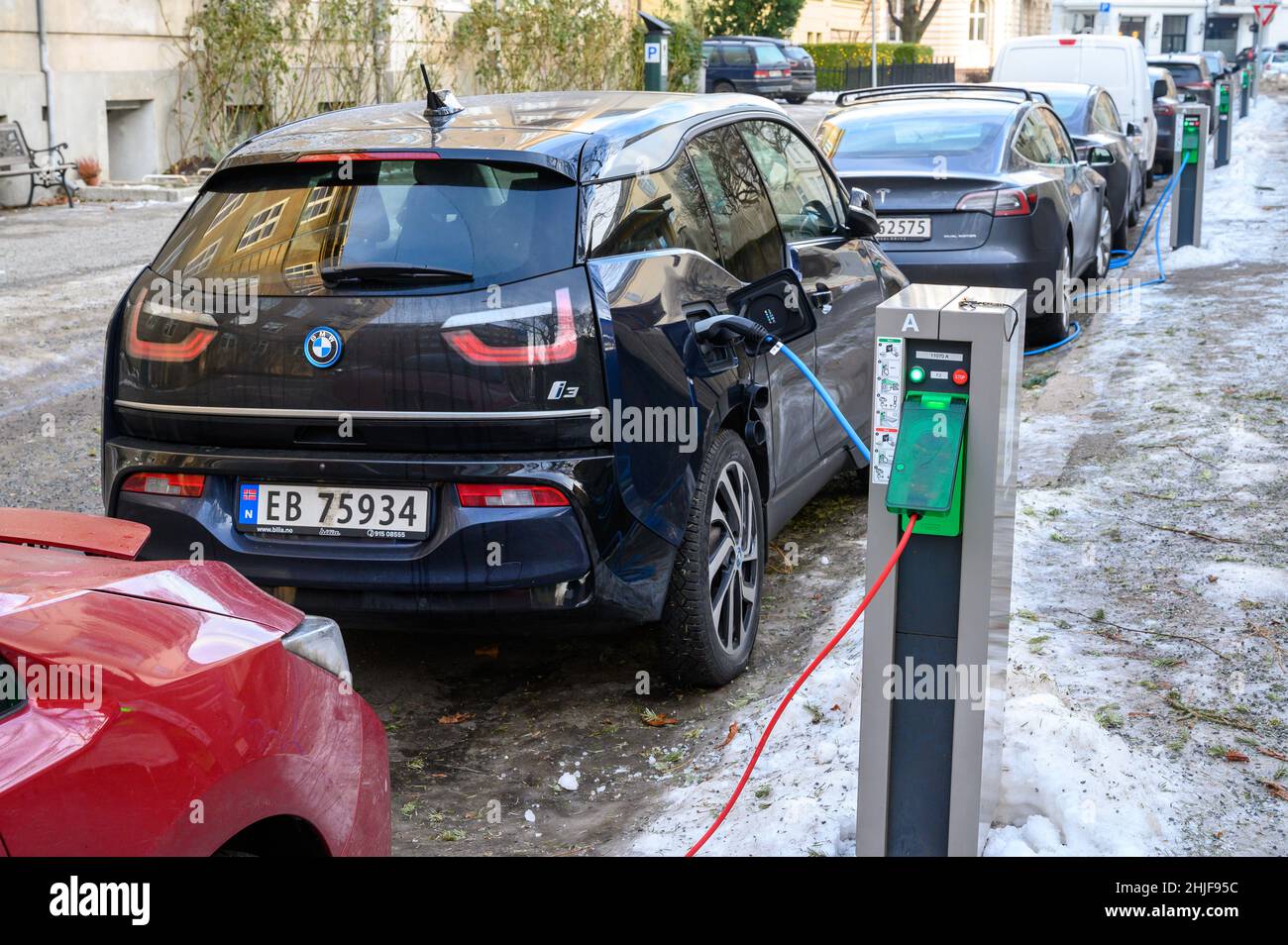 Public charging points for electric vehicles on a residential street in
