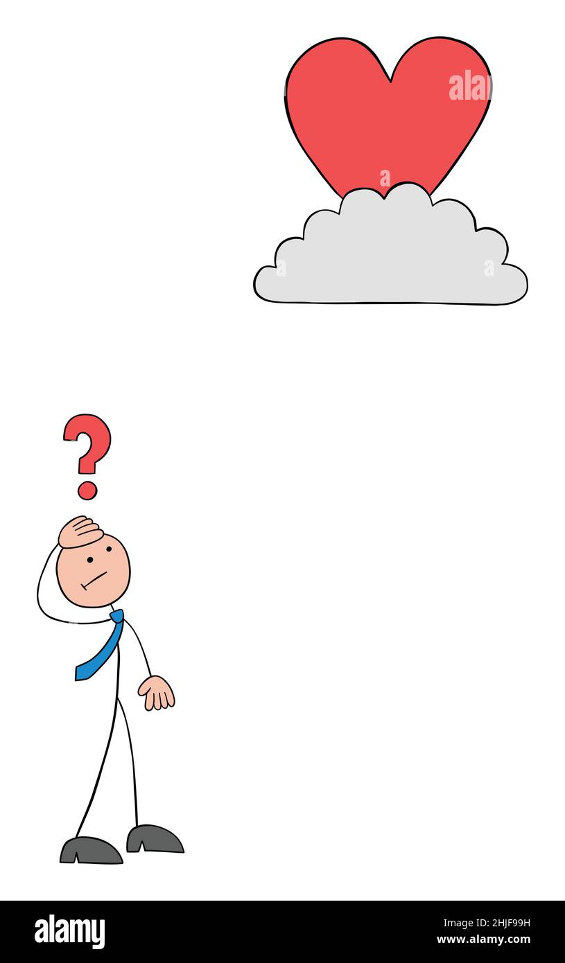 Stickman businessman thinks about how to reach the heart on the cloud. Hand drawn outline cartoon vector illustration. Stock Vector