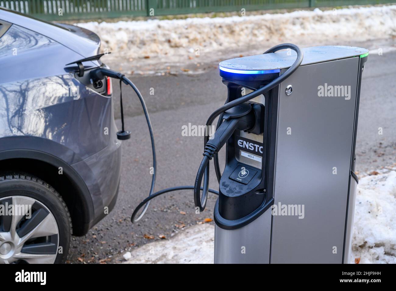 Public charging point for electric vehicles on a residential street in