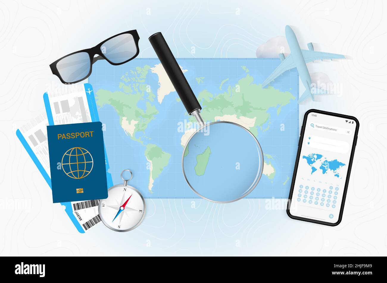 Conceptual illustration of a trip to Mauritius with travel gear. World