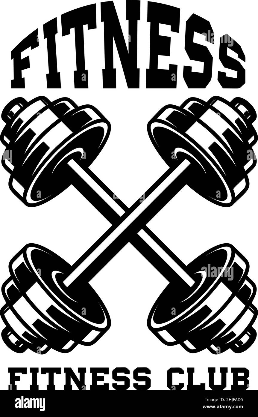 Fitness club. Emblem template with crossed dumbbells. Design element ...