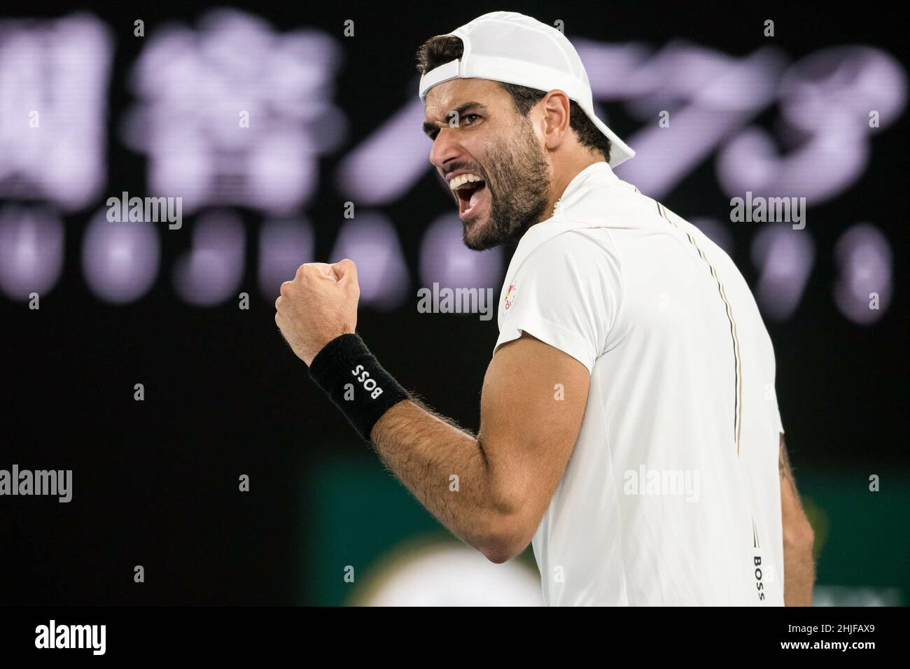 MELBOURNE, AUSTRALIA - JANUARY 28: Matteo Berrettini of Italy during his  Men's Singles Semi Finals match against Rafael Nadal of Spain during the  Australian Open 2022 at Melbourne Park on January 28,