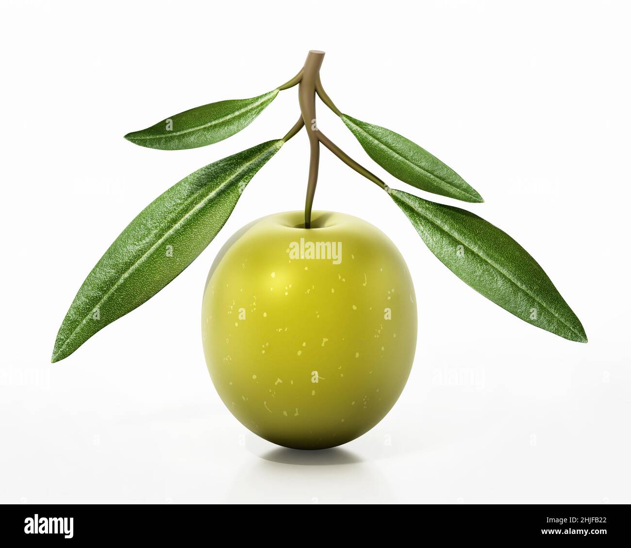 Fresh green olive with leaves isolated on white background. 3D ...