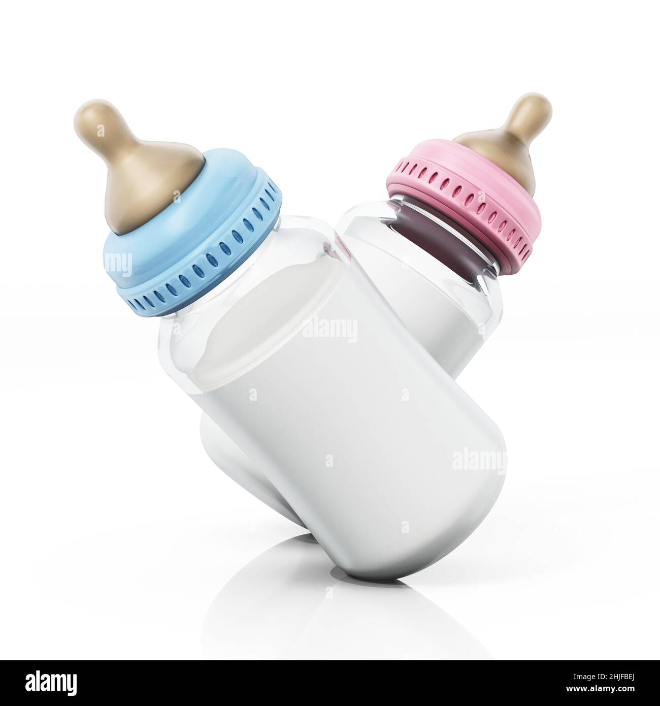 Blue and pink baby bottles with milk isolated on white background. 3D ...