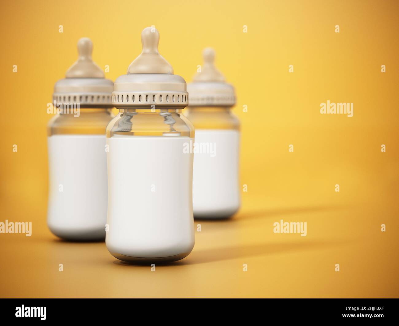 Glass Baby Bottles With Milk Isolated On Yellow Background 3D