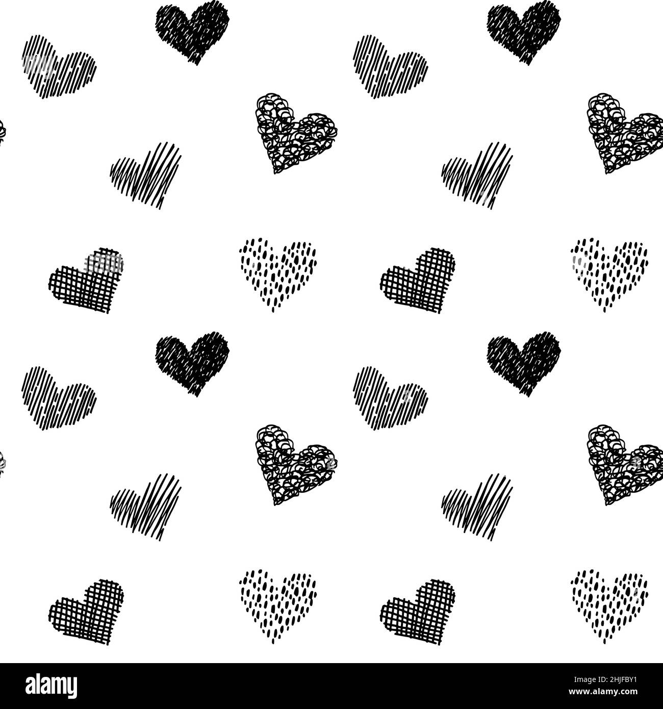 Seamless pattern with hand drawn hearts in doodle style. Black and ...