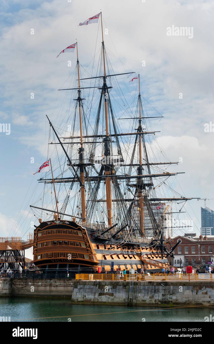 HMS Victory as seen from Portsmouth harbour with full rigging, Portsmouth, Hampshire, England, UK - 2008 Stock Photo