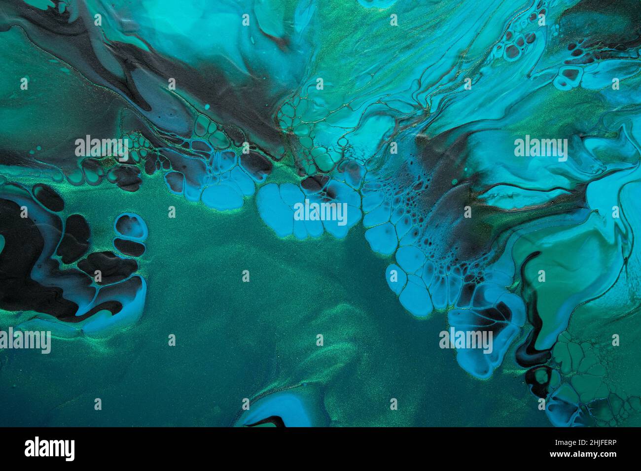 Fluid Art. Metallic Green and blue abstract wave swirls on black ...