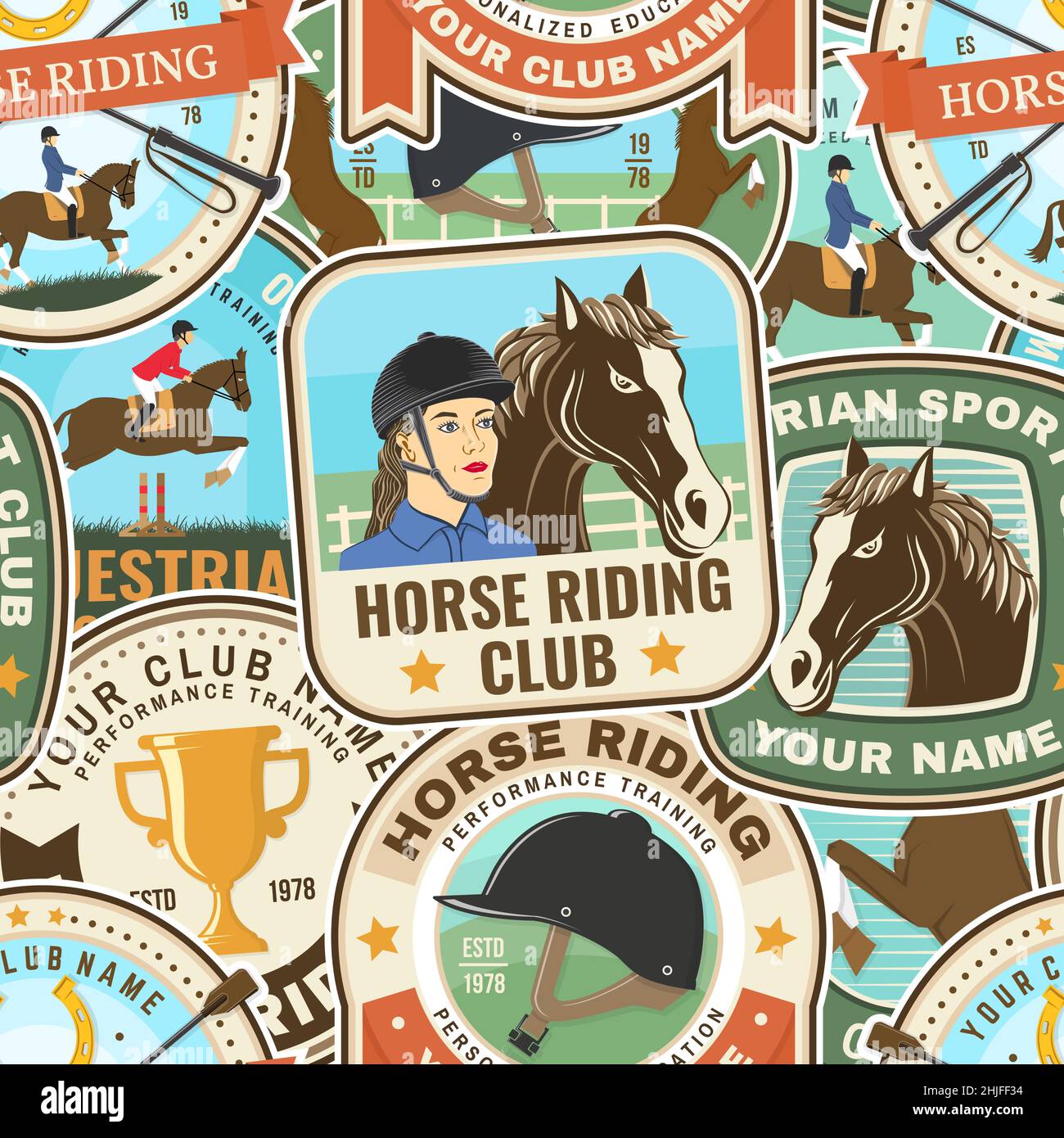 Horse riding patches seamless pattern. Vector. Color equestrian