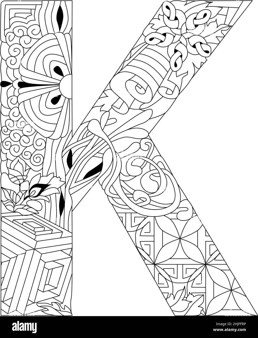 Zentangle stylized alphabet - letter K for coloring. Vector ...