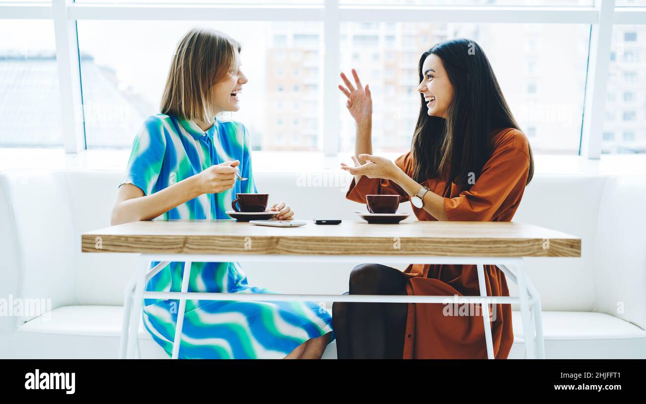 Cheerful women talking while sitting in cafe Stock Photo