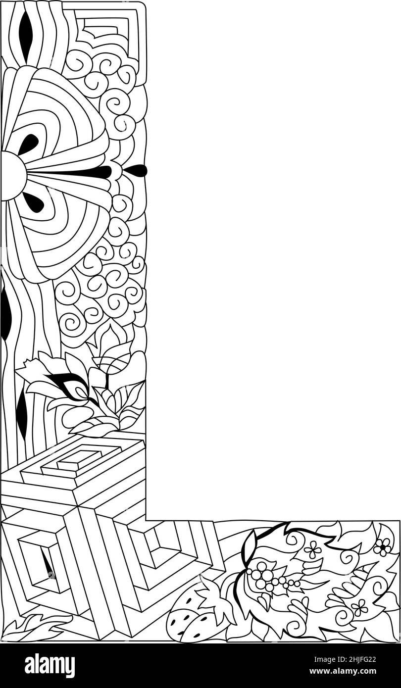Zentangle stylized alphabet - letter L for coloring. Vector illustration. Ethnic pattern Stock Vector