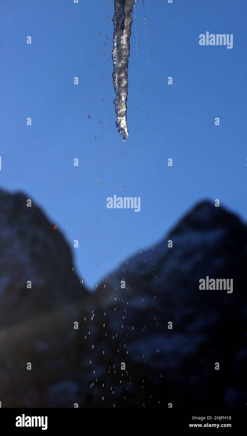 Garmisch Partenkirchen, Germany. 29th Jan, 2022. An icicle hanging from a roof thaws in the sunshine against the panorama of the Alps. Credit: Karl-Josef Hildenbrand/dpa/Alamy Live News Stock Photo