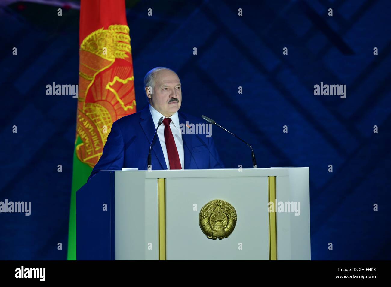 Minsk. 29th Jan, 2022. Belarusian President Alexander Lukashenko speaks in his yearly state of the nation address in Minsk, Belarus, on Jan. 28, 2022. Lukashenko on Friday voiced support for the Beijing Winter Olympic Games and expressed his hope of actively developing relations with China. Credit: Xinhua/Alamy Live News Stock Photo