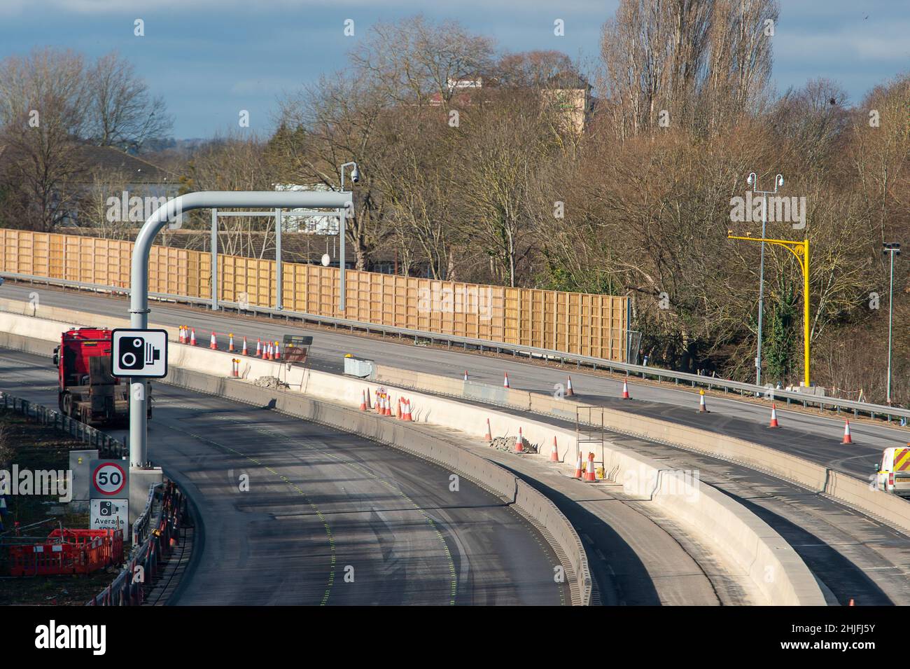 Slough, Berkshire, UK. 29th January, 2022. The M4 is closed again this weekend in both directions between Junction 5 for Langley and Junction 6 for Slough. The M4 is being upgraded to an All Lanes Running Digital Smart Motorway which will no longer have a hard shoulder but intermittent refuge areas for break downs. 38 people have died on Smart Motorways in the past five years in the UK. Planned work on any new Smart Motorway upgrades has been stopped pending a safety review. Credit: Maureen McLean/Alamy Live News Stock Photo