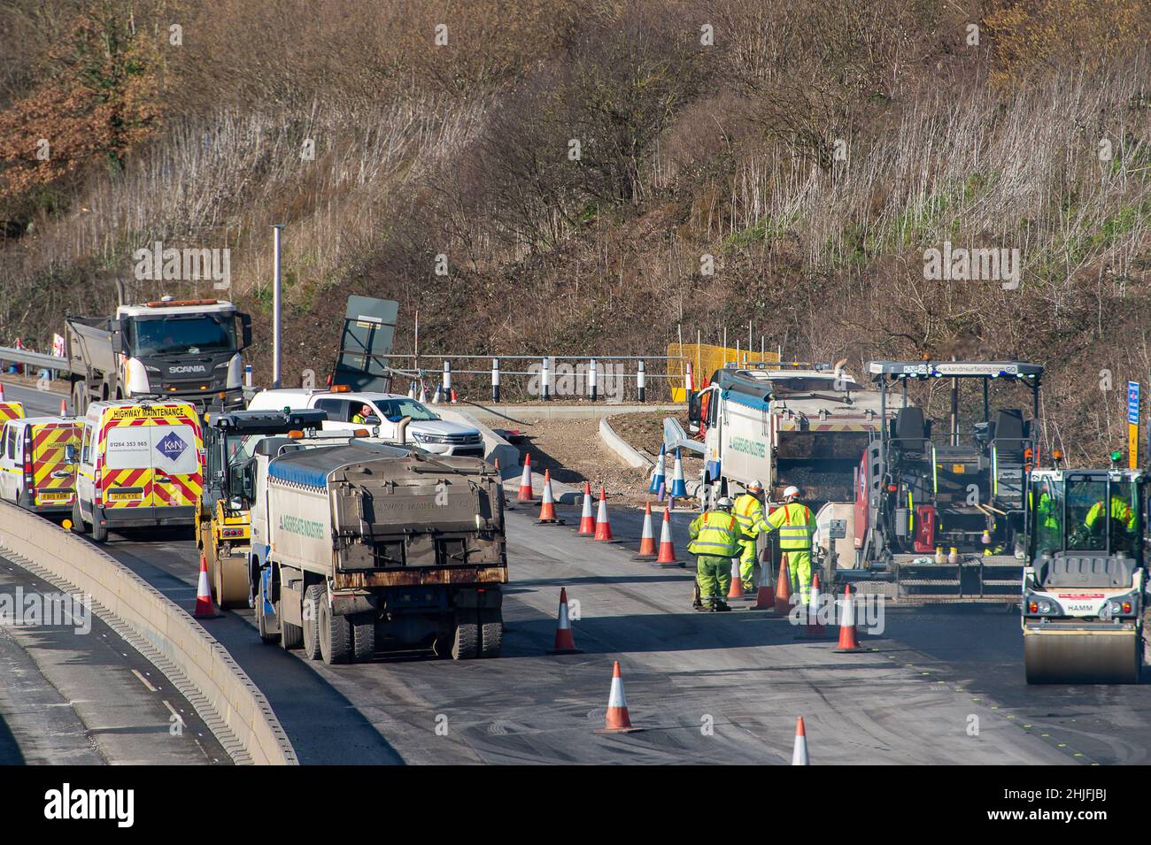 Slough, Berkshire, UK. 29th January, 2022 Resurfacing work on the M4. The M4 is closed again this weekend in both directions between Junction 5 for Langley and Junction 6 for Slough. The M4 is being upgraded to an All Lanes Running Digital Smart Motorway which will no longer have a hard shoulder but intermittent refuge areas for break downs. 38 people have died on Smart Motorways in the past five years in the UK. Planned work on any new Smart Motorway upgrades has been stopped pending a safety review. Credit: Maureen McLean/Alamy Live News Stock Photo