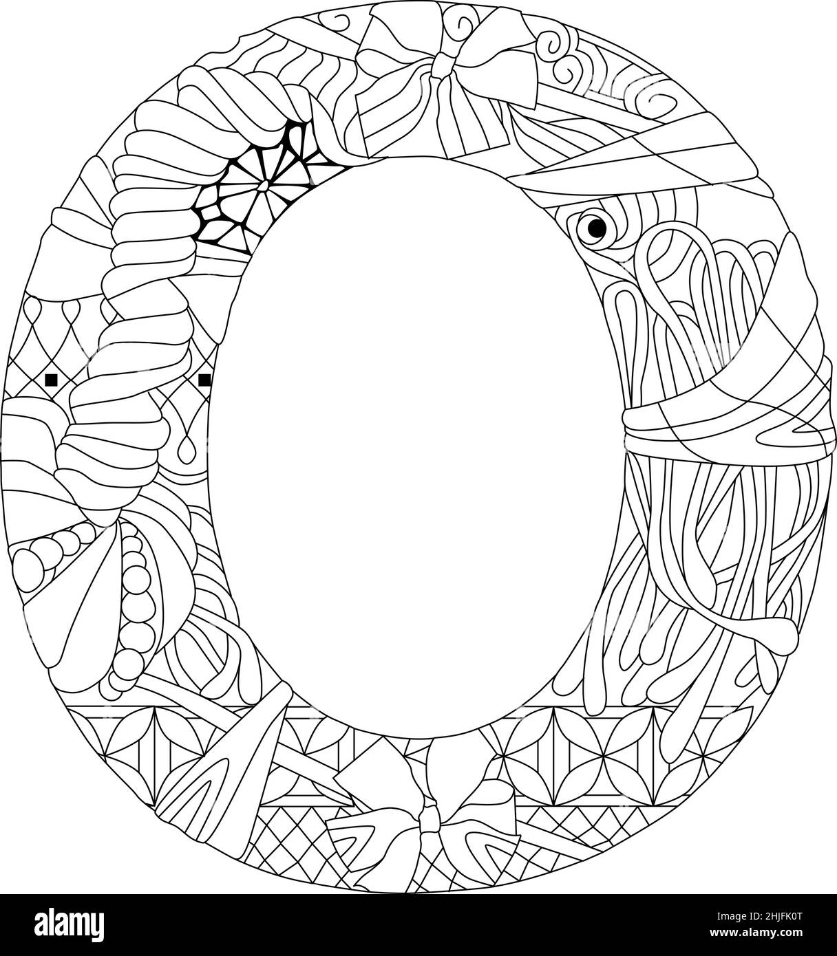 Zentangle stylized alphabet - letter O for coloring. Vector illustration. Ethnic pattern Stock Vector