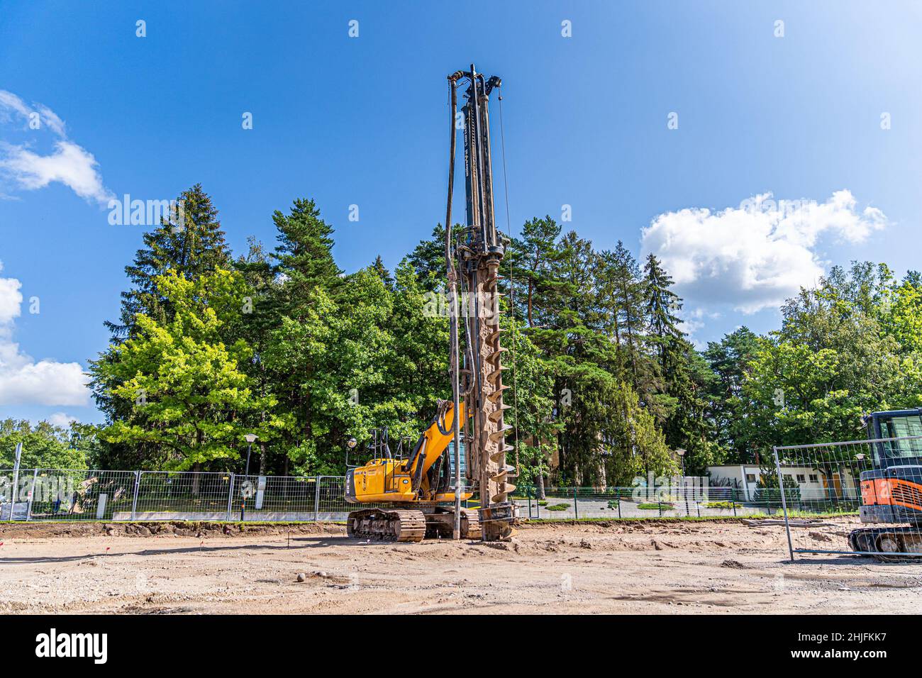 Drilling machine outdoors on construction site, sunny day. Stock Photo