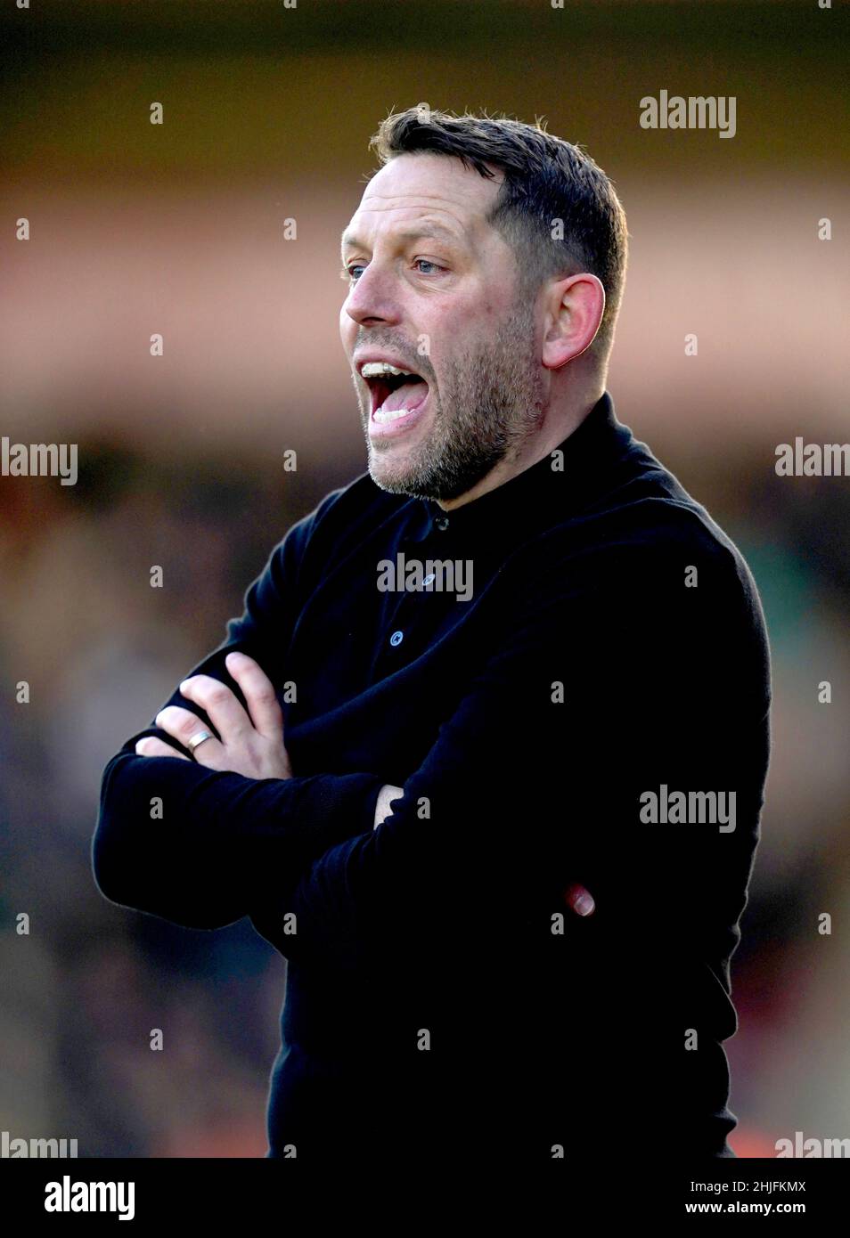 Wigan Athletic manager Leam Richardson during the Sky Bet League One match at The Jonny-Rocks Stadium, Cheltenham. Picture date: Saturday January 29, 2022. Stock Photo