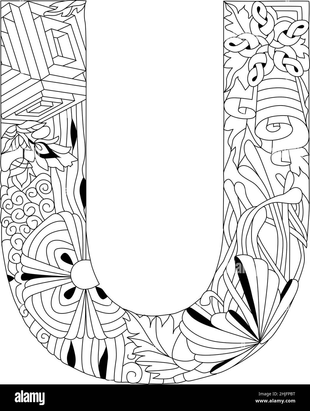 Zentangle stylized alphabet - letter U for coloring. Vector illustration. Ethnic pattern Stock Vector