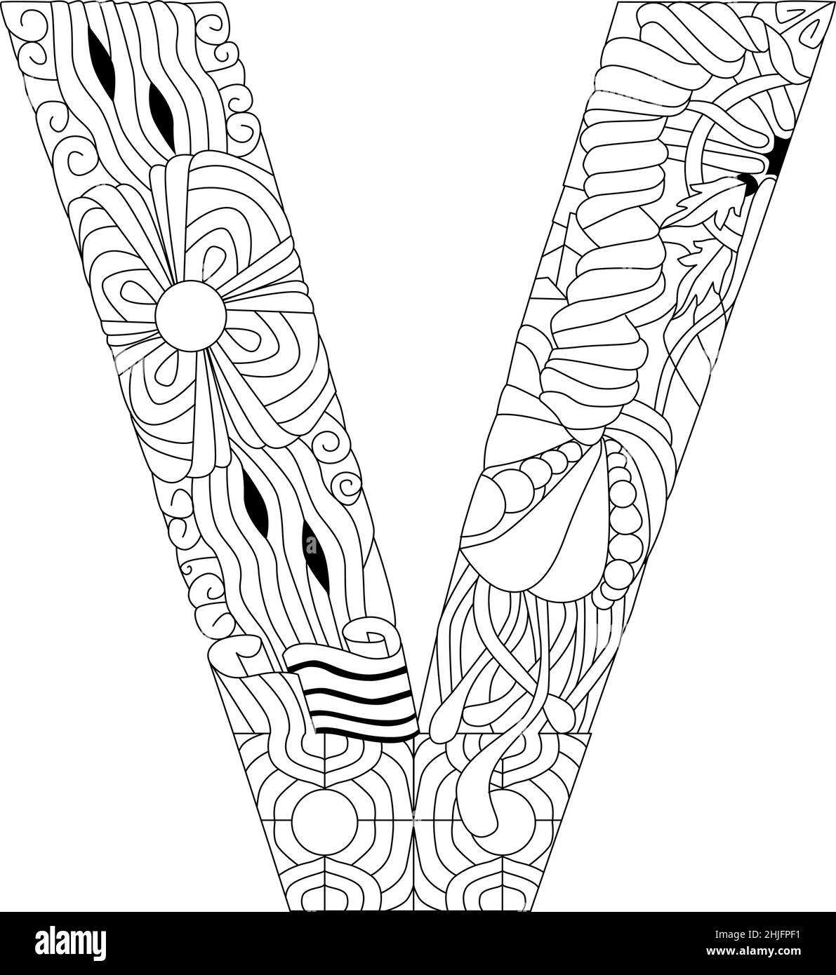 Zentangle stylized alphabet - letter V for coloring. Vector ...