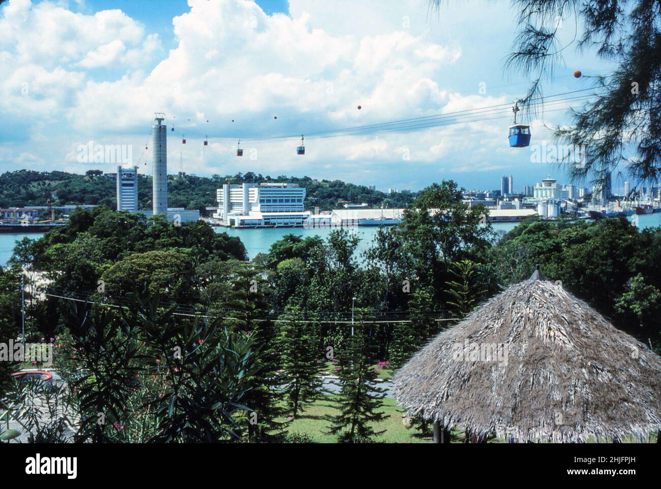 Cable car over Sentosa and Keppel Harbour to Waterfront station, Singapore, 30th April 1978 Stock Photo