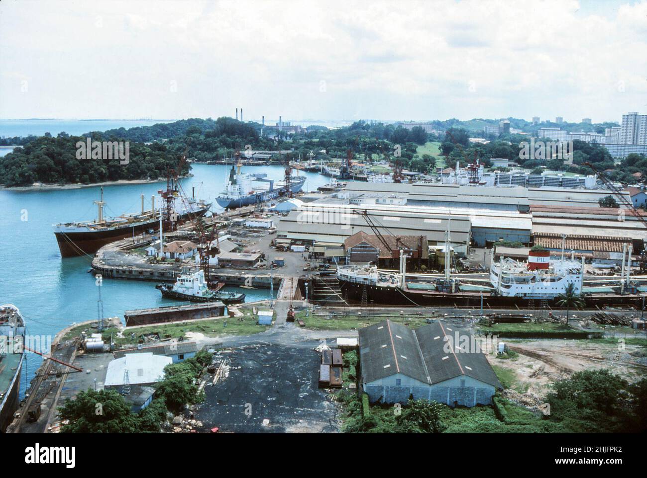 Ships in Keppel Shipyard and Keppel Island from Sentosa Cable Car, Singapore, 30th April 1978 Stock Photo