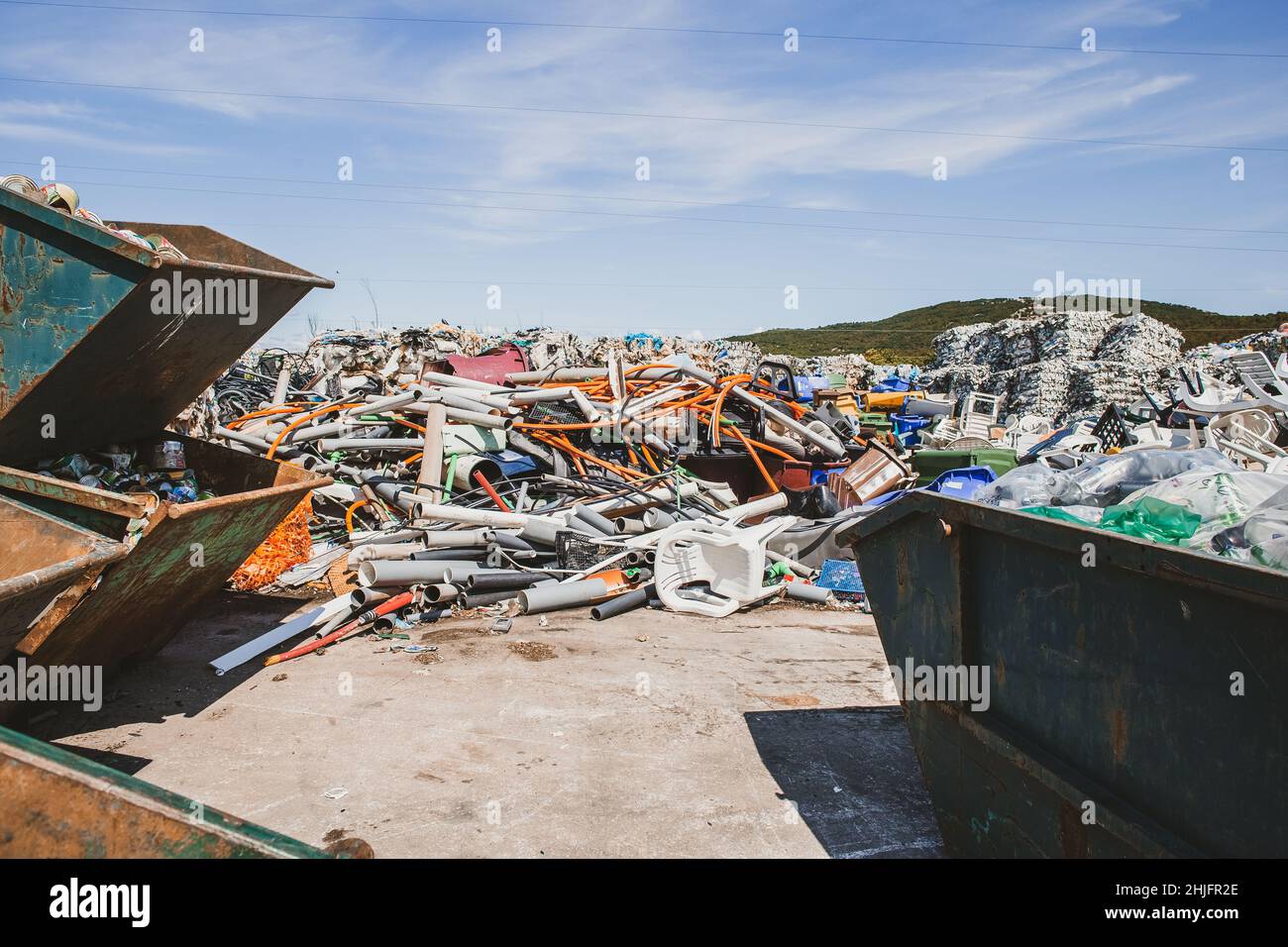 Krk, Croatia - 24 August, 2021: Waste collected at junkyard at waste recycling management centre on Krk island in Croatia Stock Photo