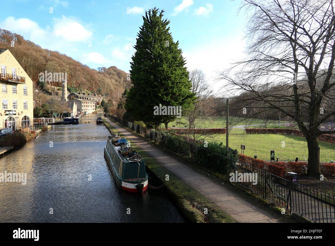 Canal barge on the Rochdale Canal in Hebden Bridge. Stock Photo
