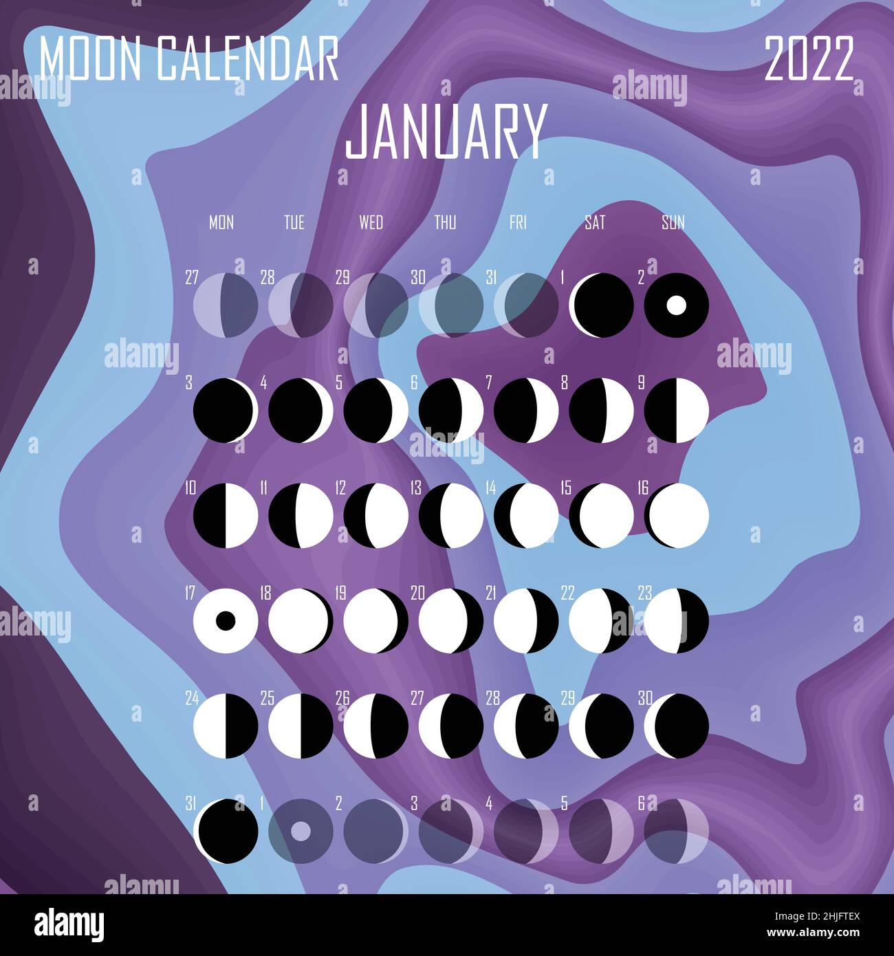 January 2022 Moon calendar. Astrological calendar design. planner