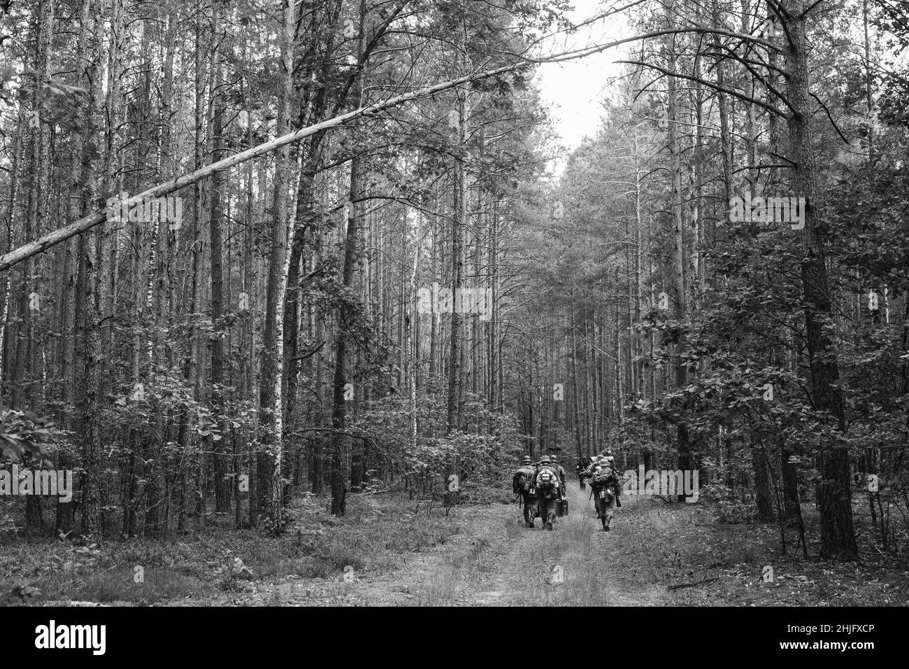 Re-enactors Dressed As German Infantry Soldiers In World War II Marching Walking Along Forest Road In Summer Day. Photo In Black And White Colors Stock Photo