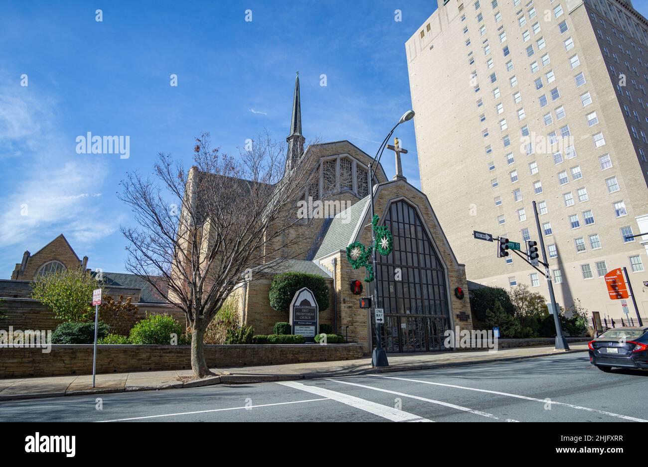 Winston-Salem's First Presbyterian Church stands on Cherry Street during a cold and sunny day. Stock Photo