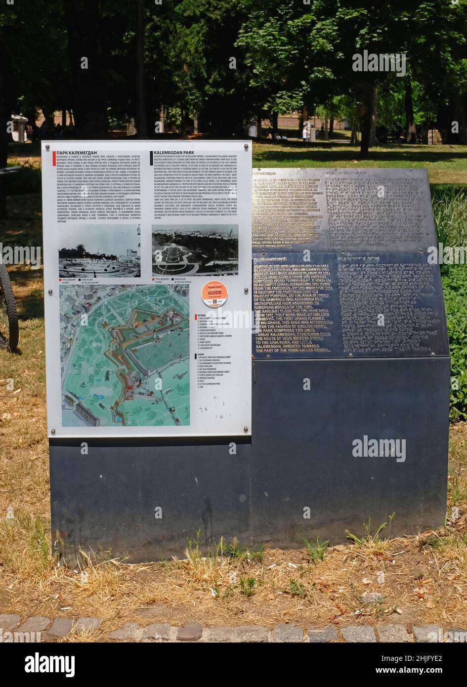 Belgrade, Serbia - July 5, 2021: Kalemegdan park fortress tourist attraction information map with braille alphabet in city. Stock Photo