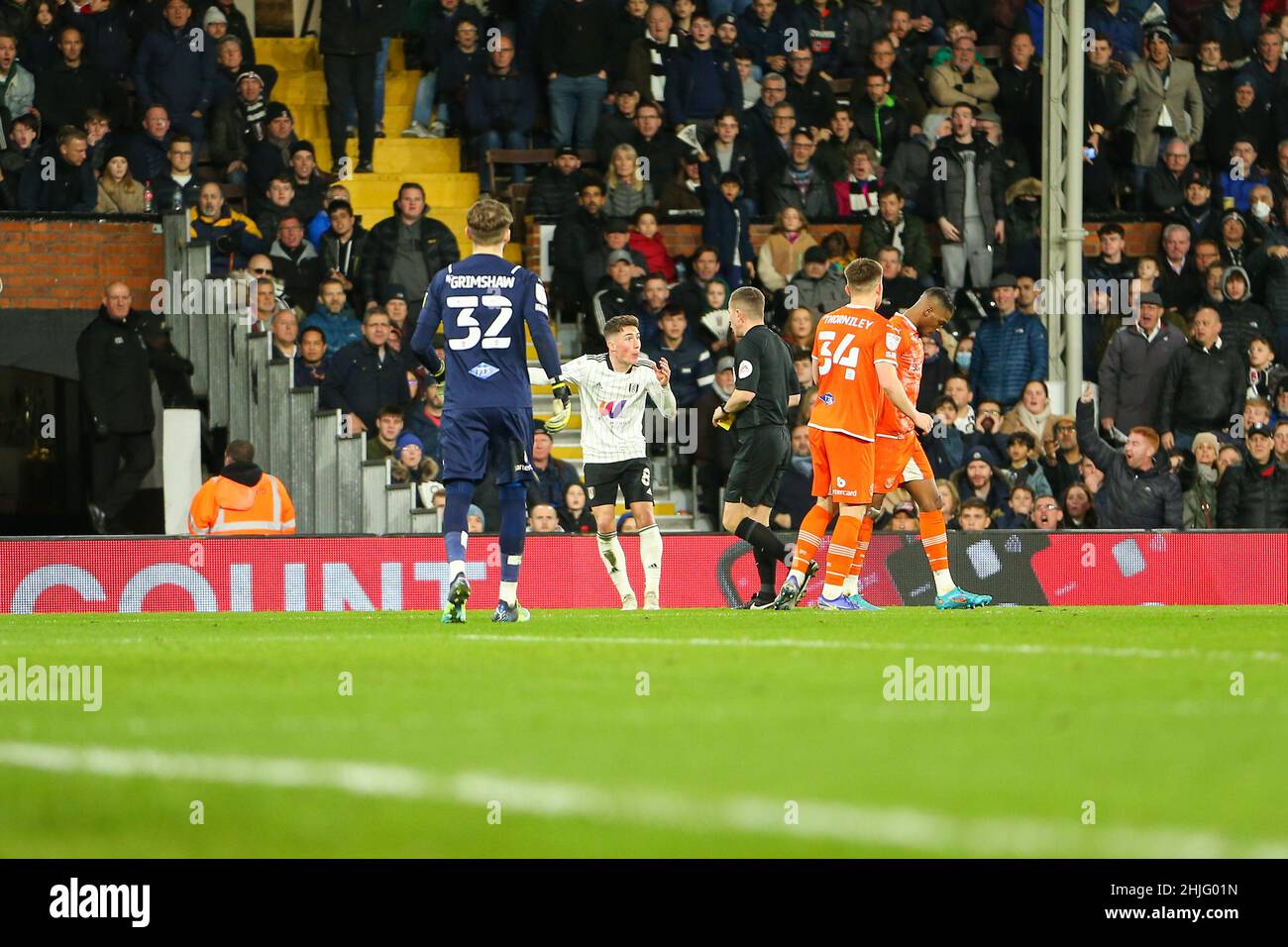 Craven Cottage, Fulham, London, UK. 29th Jan, 2022. EFL Championship football, Fulham versus Blackpool; Harry Wilson of Fulham arguing with referee Peter Bankes before receiving a yellow card. Credit: Action Plus Sports/Alamy Live News Stock Photo