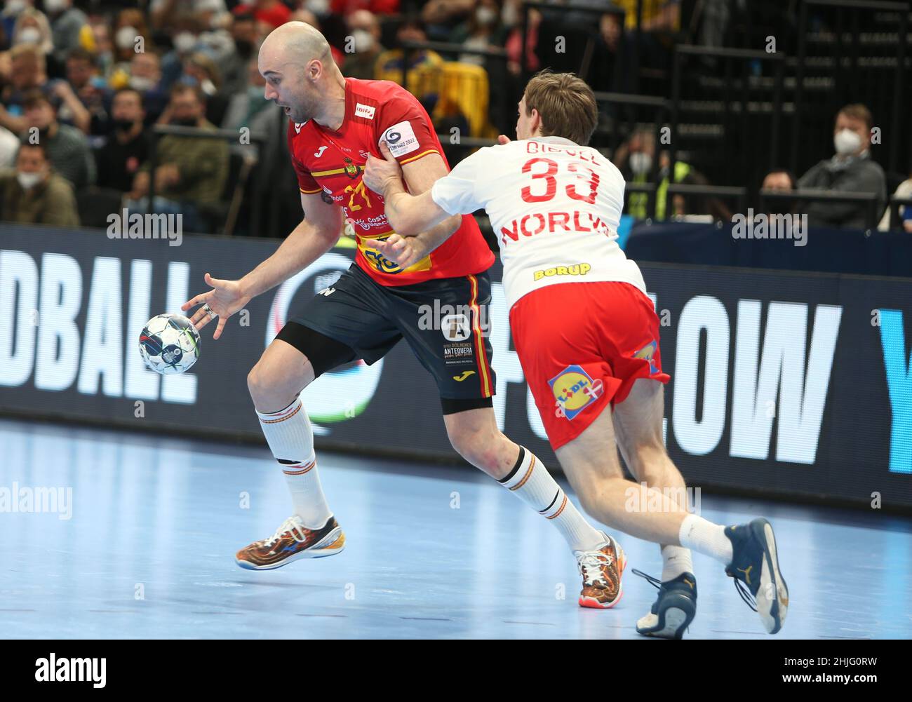 Joan Canellas of Spain and Mathias Gidsel of Denmark during the EHF