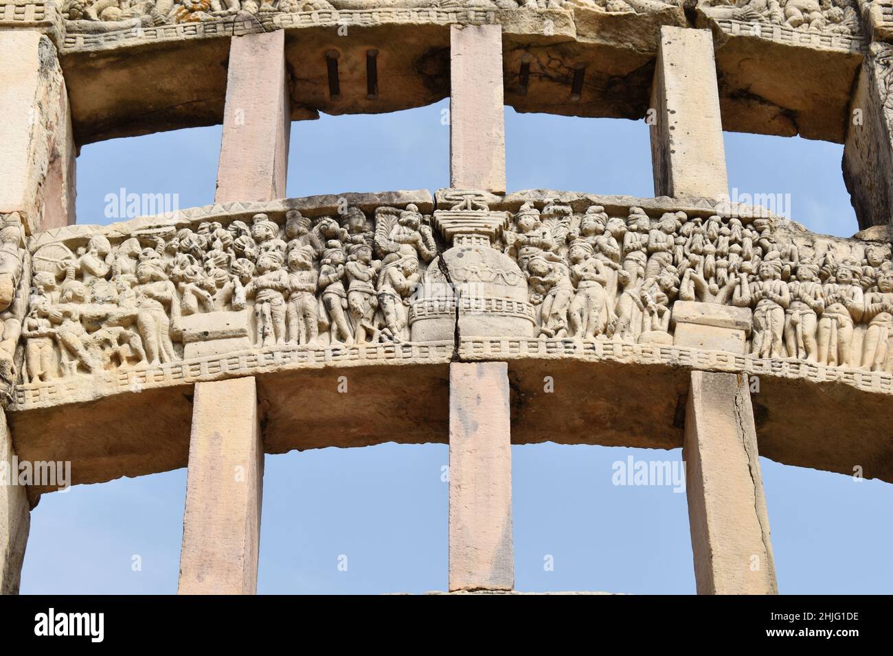 Stupa No. 3, Middle Architrave, Buddhas represented by Chaitya and Two Bodhi Trees. Sanchi monuments, World Heritage Site, Madhya Pradesh, India. Stock Photo