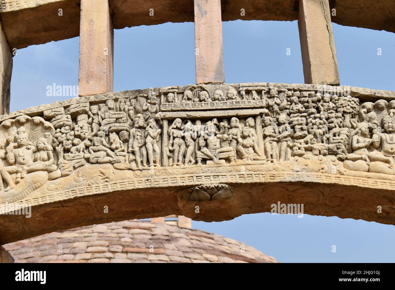 Stupa No. 3, Middle Architrave,  Nandanavana with Indra, Sanchi monuments, World Heritage Site, Madhya Pradesh, India. Stock Photo