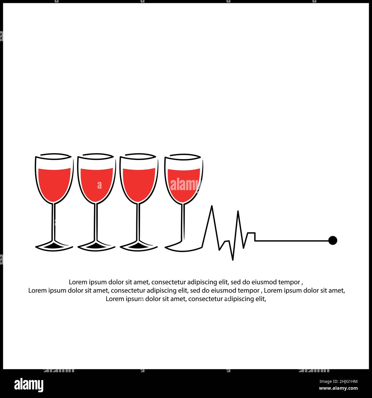 Conceptual illustration of heart rate and wine glass. Dangers of drinking alcohol. Stock Vector