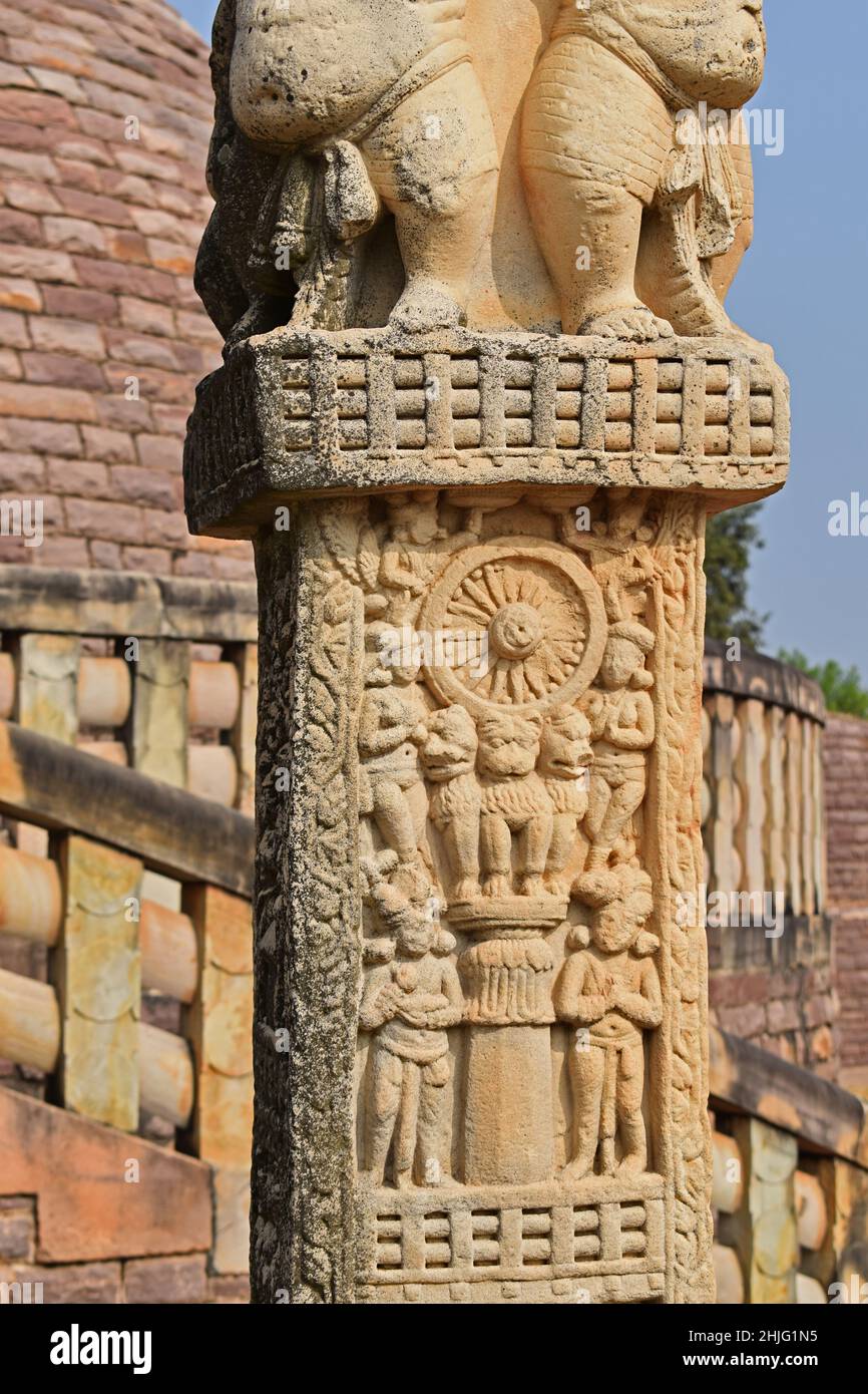 Stupa No. 3, Right Pillar, Top Panel, Ashokan Pillar,  World Heritage Site, Madhya Pradesh, India. Stock Photo