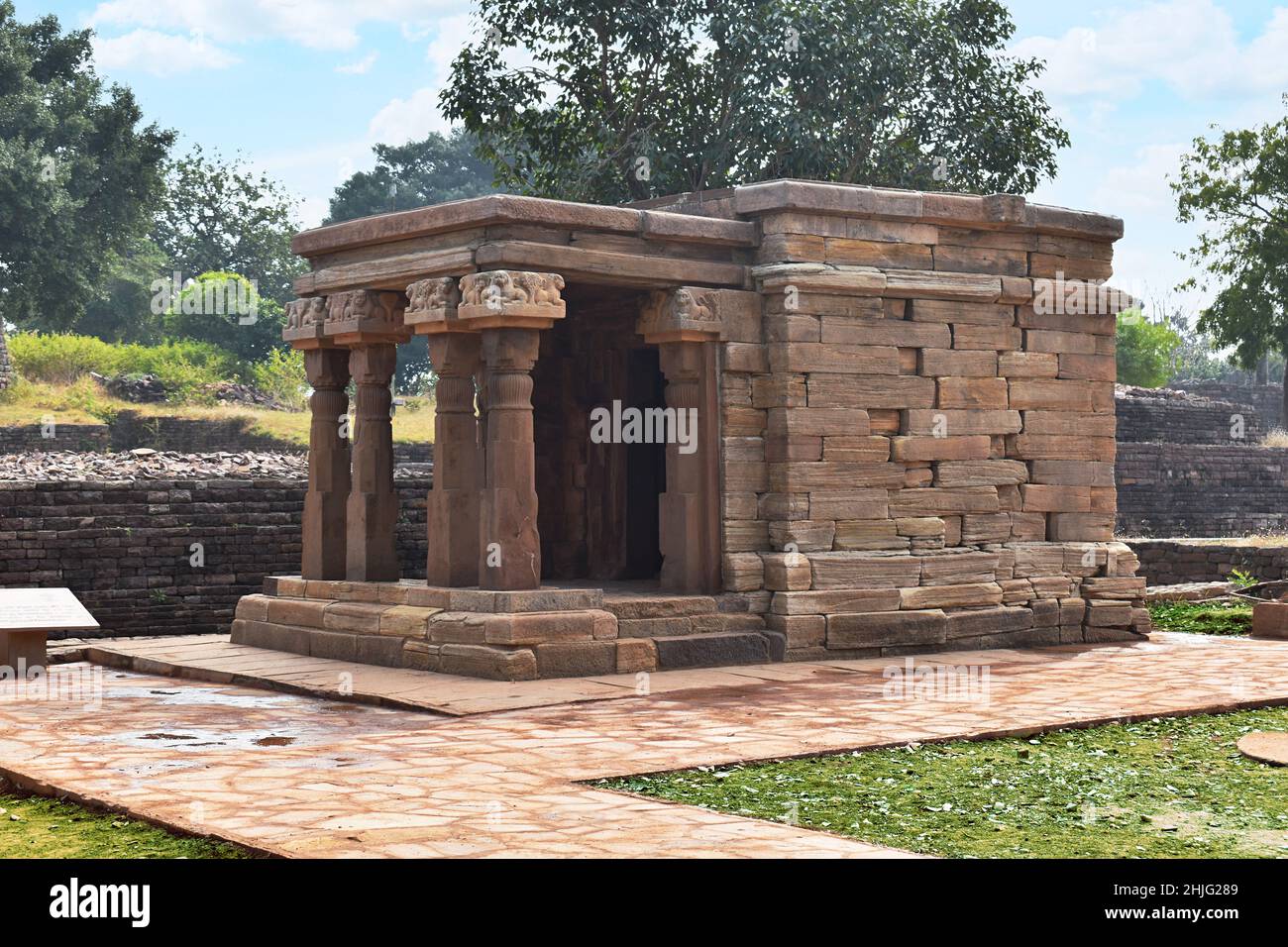 View from Left of  Temple 17 an ancient Buddhist monument at Sanchi, Sanchi monuments, World Heritage Site, Madhya Pradesh, India. Stock Photo