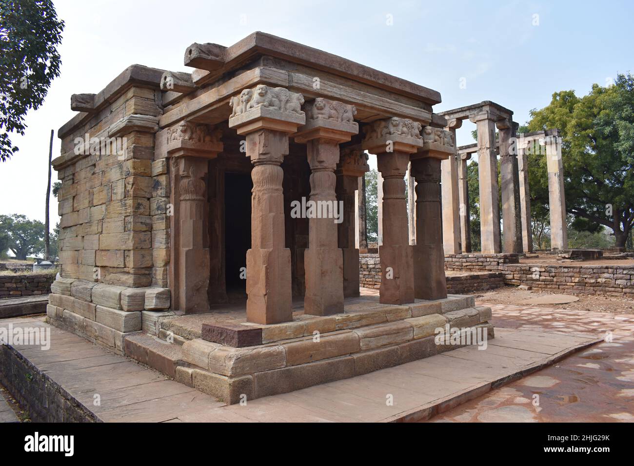 View from Right of  Temple 17 an ancient Buddhist monument at Sanchi, Sanchi monuments, World Heritage Site, Madhya Pradesh, India. Stock Photo