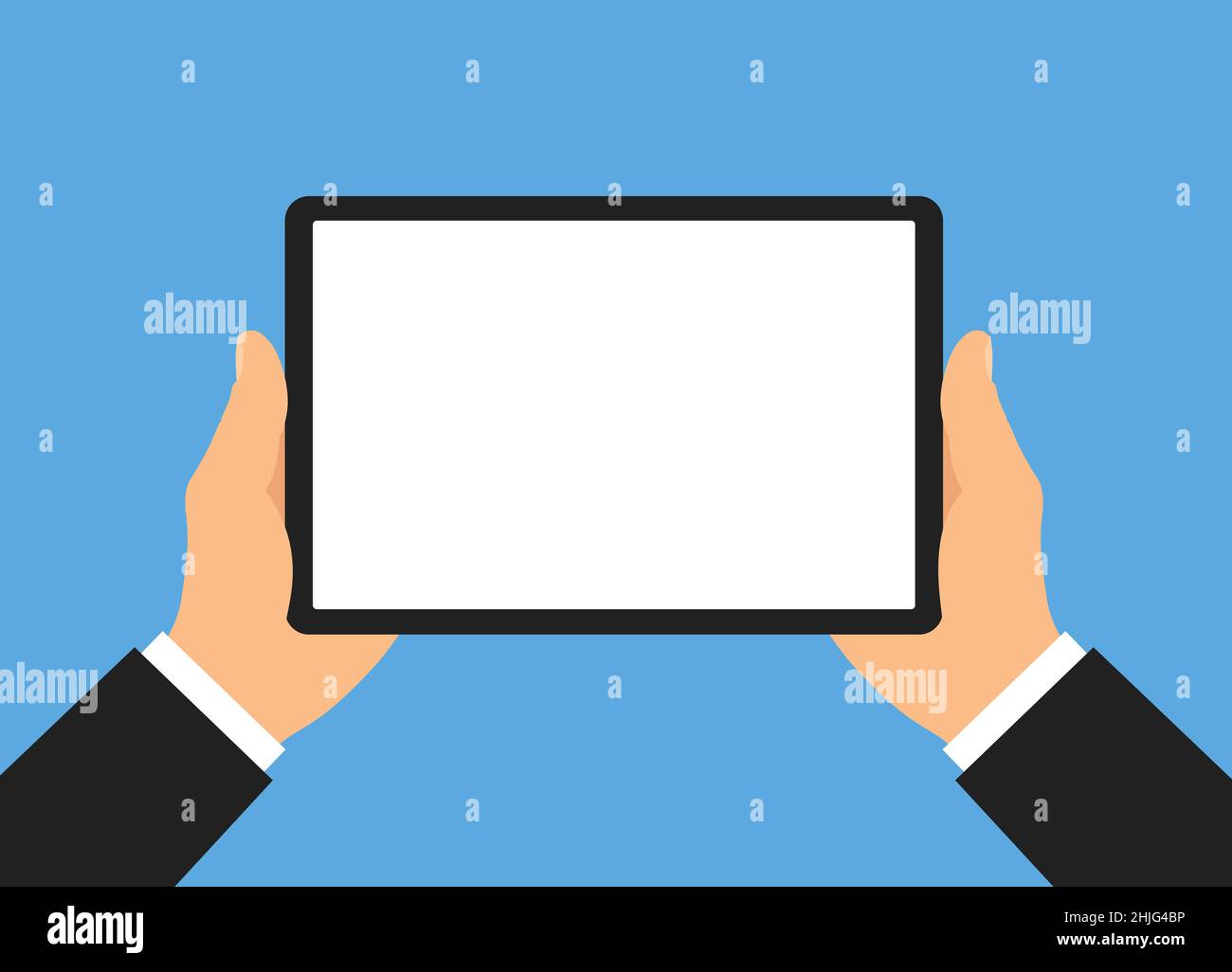 Flat design illustration of manager or businessman hands with tablet. Shows a blank white touch screen with space for your image and text - vector Stock Vector