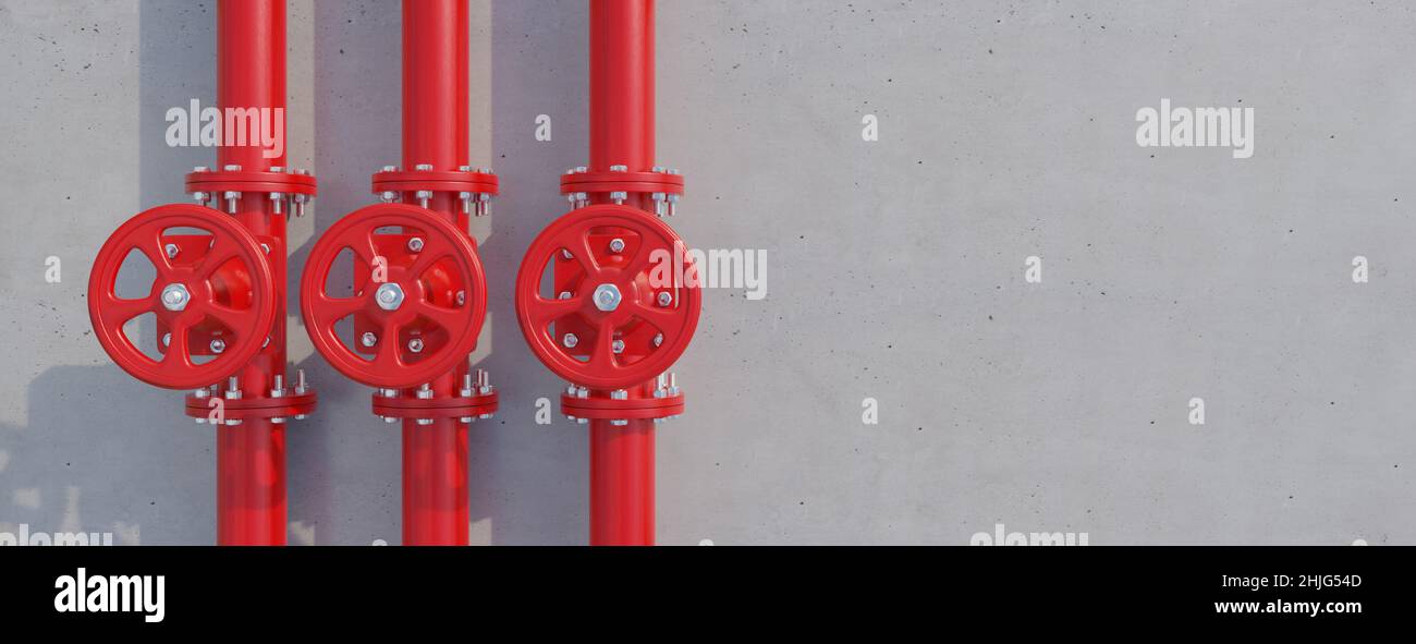 Pipe Red Line Red pipe lines and valve with wheel on concrete building wall ...